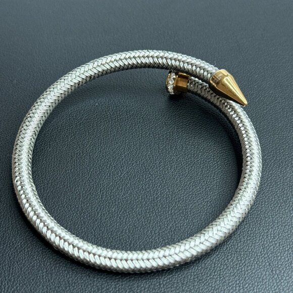 Nail Head Bangle Cuff Bracelet Mesh Stainless Steel Pave Crystals Gold Tone - Picture 5 of 8